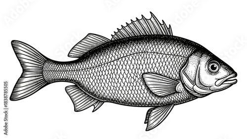 Vintage Fish Illustration Black and White Engraving | Retro Aquatic Artwork