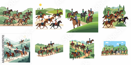 Vector Illustration Set of People Enjoying Leisure Horse Riding, Trail Riding, and Equestrian Adventures in Nature.