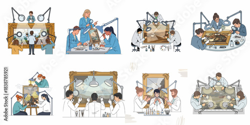 A set of illustrations depicting professional art restorers and conservators diligently working on damaged historical paintings, focusing on repair and preservation techniques.