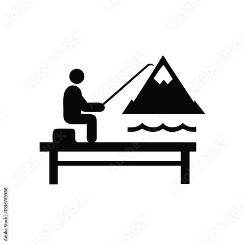 Angler Fishing in Mountain Lake Silhouette Icon