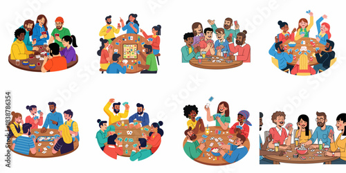 Diverse friends playing card games and board games vector illustrations set. Happy people socializing, having fun, and enjoying leisure time together around a table.