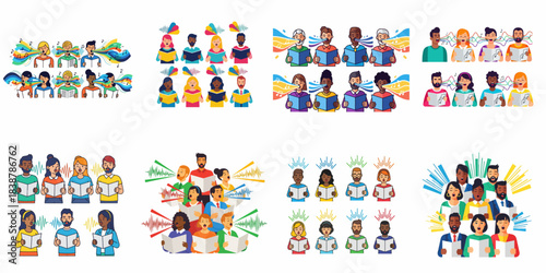 A collection of diverse choir and singing group illustrations showing people of various ages and ethnicities performing music with vibrant sound graphics.