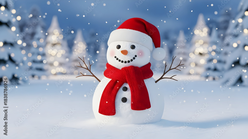 Fototapeta premium Charming snowman stands in a snowy forest with falling snow during winter
