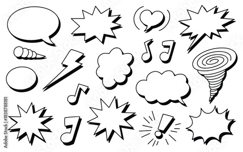 Collection of comic book style speech bubbles and sound effects silhouette