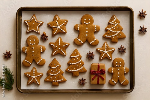 Overhead view of decorated gingerbread Christmas cookies arranged on a baking sheet with parchment paper, flour dusting, and spices.