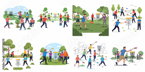 Flat vector illustration set showing diverse groups of friends playing disc golf in a park, engaging in outdoor recreational sports activities.