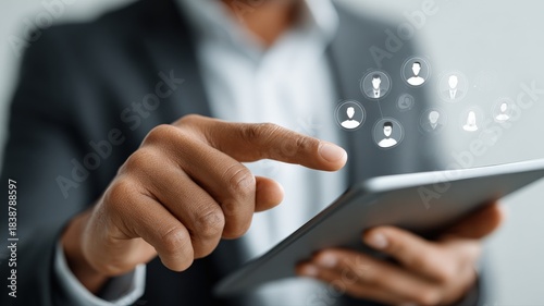 close-up of a human hand gesturing during a virtual call on a tablet, with a subtle holographic interface overlay showing participant icons, modern and clean aesthetic, symbolizing communication