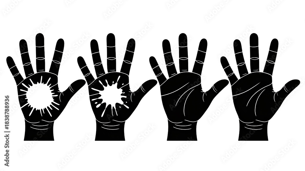 Obraz premium Set of four black hand icons showing stages of a sunburst effect representing impact or energy isolated on white background