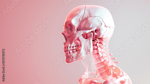 Futuristic Transparent Human Skull and Neck Anatomy in Pink and Blue Light