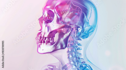Futuristic Transparent Human Skull and Neck Anatomy in Pink and Blue Light