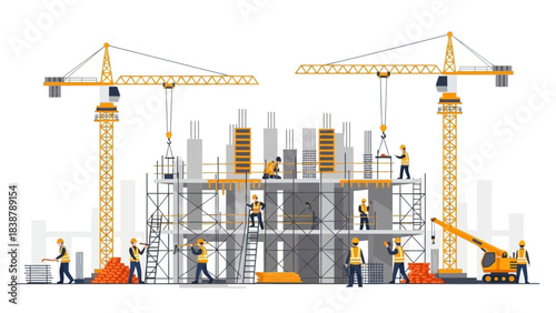 Illustration of construction workers building a structure with cranes and scaffolding