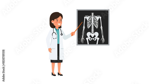 Female doctor pointing at an x-ray image of a human skeleton