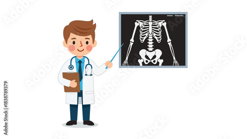 Cartoon doctor presenting an x-ray on a pointer in a medical setting