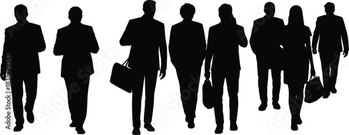 Business people silhouettes walking forward in professional attire carrying bags, representing teamwork, leadership, corporate movement, success, collaboration