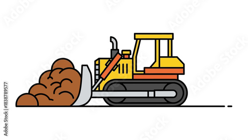 Flat illustration of a yellow bulldozer pushing a pile of dirt on a white background.
