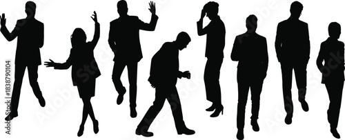 Silhouettes of business people standing, walking, talking, and gesturing in various professional poses for corporate, creative, and commercial projects