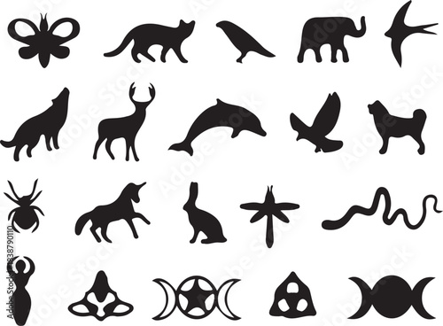 Diverse collection of animal silhouettes and mystical symbols in black and white