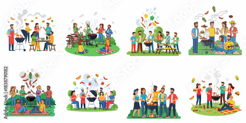 Collection of Friends and Family Enjoying Outdoor Summer Barbecue Parties and Picnic Grills with Food and Drinks Illustrations