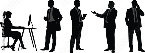 Silhouettes of business professionals talking, working at computer, holding coffee, networking, and communicating in office workplace environment