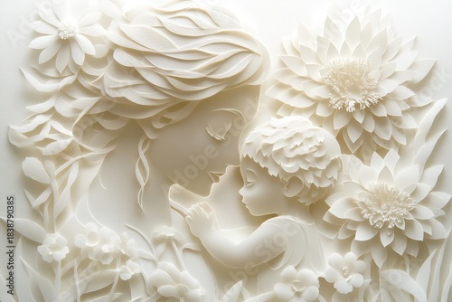 Embossed artwork depicts a tender maternal embrace surrounded by sculpted floral forms
