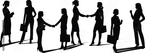 Silhouettes of businesswomen standing, walking, shaking hands, talking, collaborating, and interacting in various professional poses and workplace communication scenes