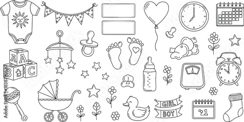 Hand Drawn Baby Doodle Icon Set Featuring Toys Clothes and Nursery Symbols Vector Illustration