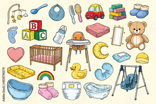 Baby and Nursery Hand Drawn Elements Vector