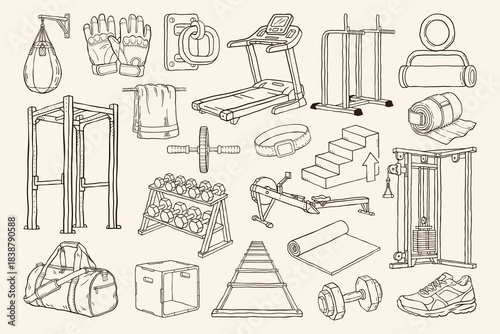 Gym and Fitness Hand Drawn Illustration Set, Workout Equipment Vector Collection