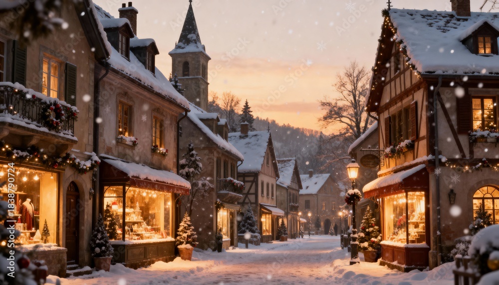 Fototapeta premium Snowy Village Street at Dusk with Warm Lights, Cozy Houses, and Falling Snow in a Winter Wonderland Scene