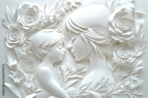 Intricate paper art sculpture depicts a loving mother and child embraced by floral elements