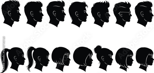 Silhouettes of diverse male and female head profiles featuring various hairstyles, haircuts, ponytails, bobs, buns and side views