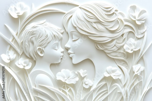 Elegant white bas-relief sculpture portrays tender maternal and filial affection amidst floral elements