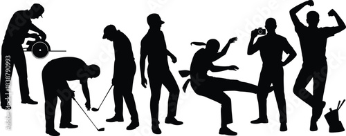 Silhouettes of men performing various actions including construction work, golfing, martial arts, photography, and celebratory poses in dynamic scenes