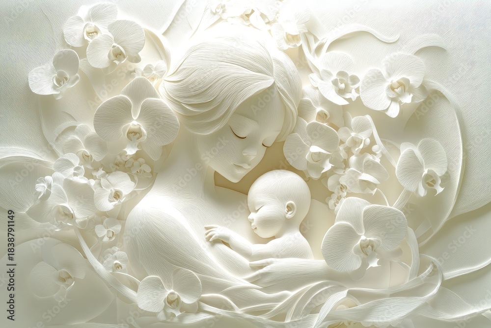 Fototapeta premium Serene white bas-relief sculpture depicts maternal embrace surrounded by delicate blossoms
