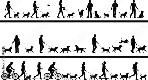 Silhouettes of people walking, running, and biking with dogs in various outdoor activities for pet, recreation, and lifestyle projects