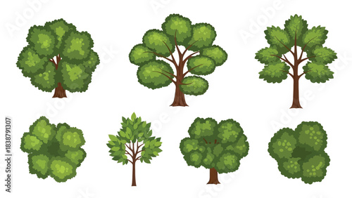 Collection of diverse green cartoon trees and bushes for ecological design and nature projects