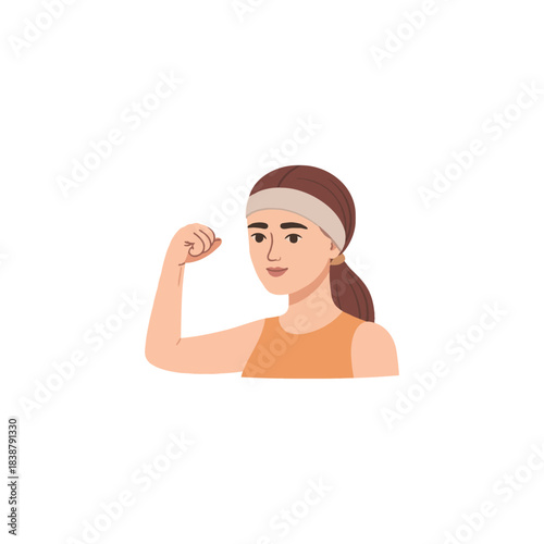 Confident fitness figure showing her arm strength after exercising for good health routine practice