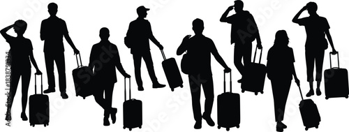 Silhouettes of travelers walking with rolling suitcases, people holding luggage, standing, waiting, and moving in airport travel scenes