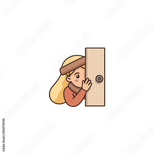 Curious girl peering coyly from behind door, illustration of innocent childhood wonder and
