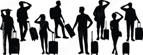 Silhouettes of travelers with luggage shielding eyes from sunlight, representing tourism movement, journey anticipation, outdoor travel lifestyle and exploration scenes