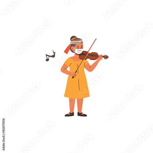 Girl playing violin while wearing a mask during the pandemic showcasing safety and musical
