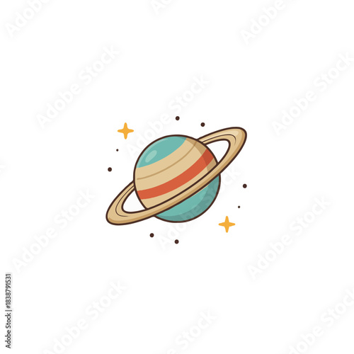 Illustrated Saturn adorned with celestial bodies showcasing cosmic wonder and imaginative space