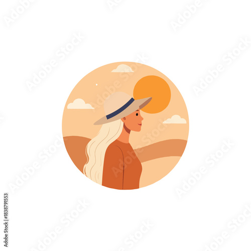 Illustration depicting a serene woman in a sunhat against a warm desert landscape aesthetic