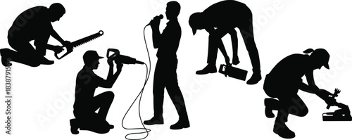 Silhouettes of workers using tools and one singer performing, depicting mixed professions, manual labor, craftsmanship, construction and artistic expression