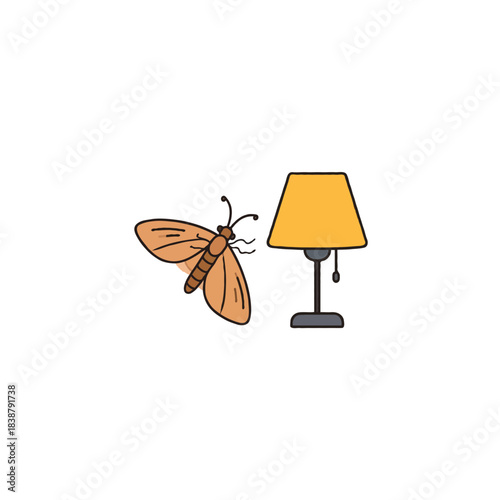 Nighttime attraction illuminated moth drawing approaching glowing lamp simple clean presentation