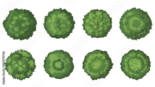 Stylized overhead green trees and bushes, a diverse collection for landscape design and mapping