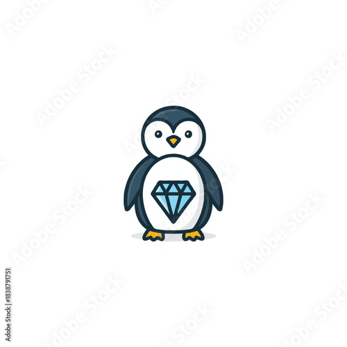 Playful penguin illustration with a stylized diamond on its belly radiating simple charm and