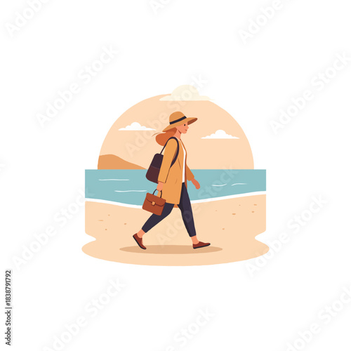 Serene coastal walk: A stylish woman enjoying the breezy ambiance of a sandy beach near the
