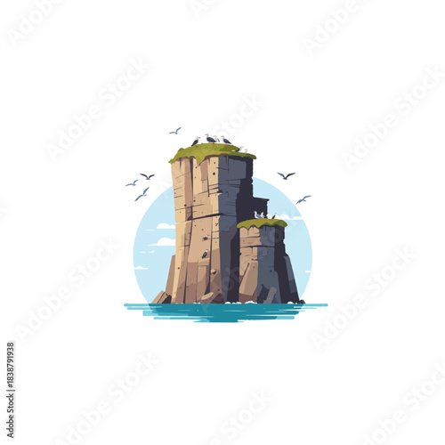 Whimsical coastal stack island landscape illustration dotted with seagulls perched atop grassy