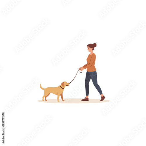 Woman enjoying a leisurely stroll with her adorable golden labrador retriever in serene outdoor